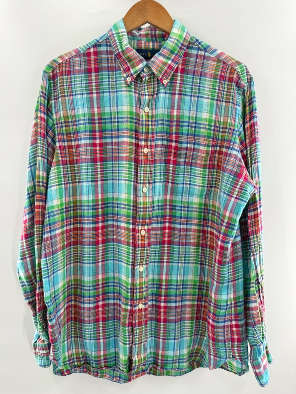 Ralph Lauren Men’s Madras Multi Color Plaid Linen Button-Down Shirt Size Large